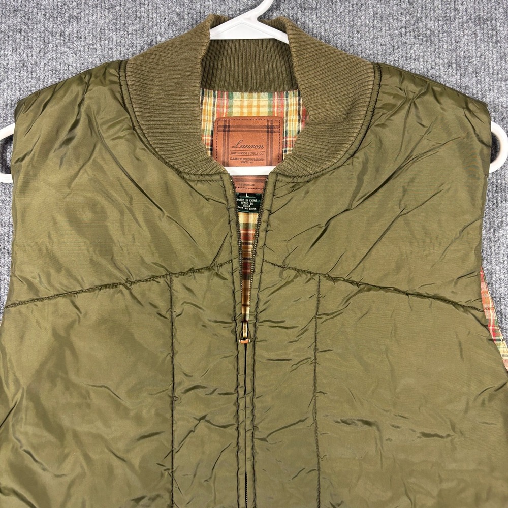Ralph Lauren Womens Puffer Vest Sz L Olive Green Plaid Lining Full Zip Fly Fish - Picture 5 of 11